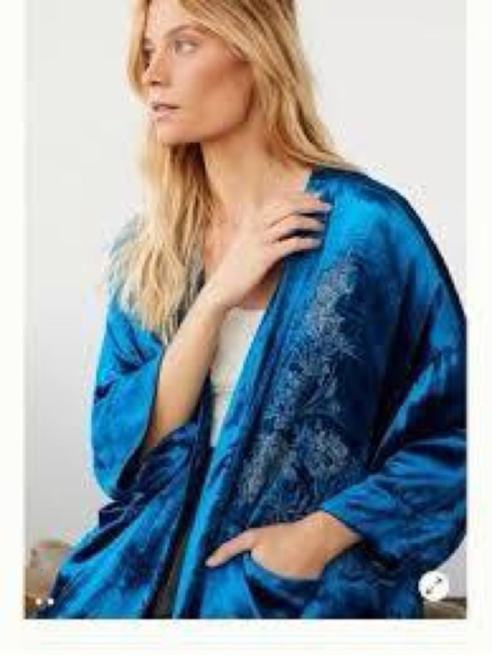 ANTHROPOLOGIE Velvet Embroidered Open-Front Kimono Jacket - Teal Blue